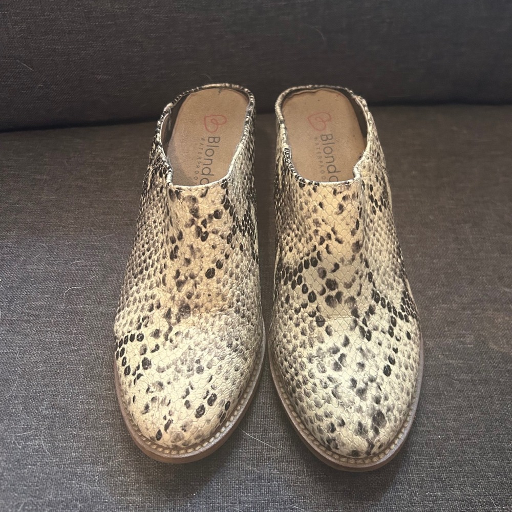 Blondo Snake Print Leather Waterproof Mule Booties 6.5 M Block Heel Western Boho